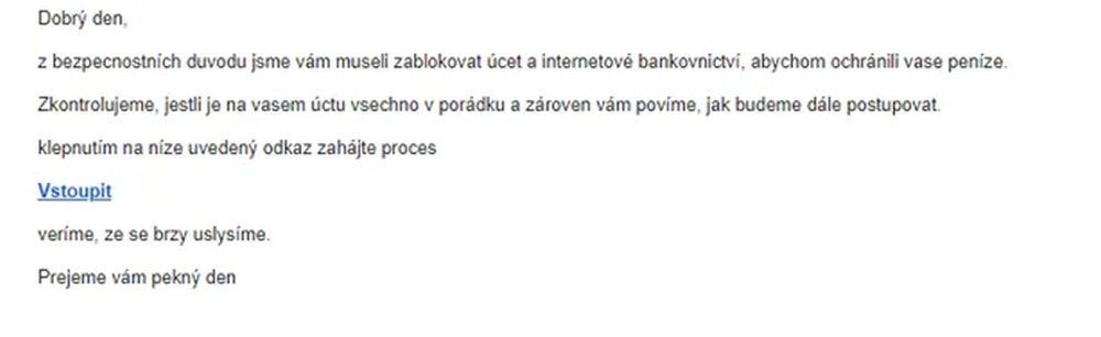 Typický podvodný e-mail, který se tváří jako zpráva od banky.