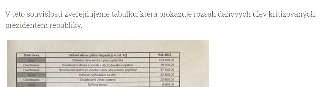 Tabulka zveřejněná Milošem Zemanem v tiskové zprávě.