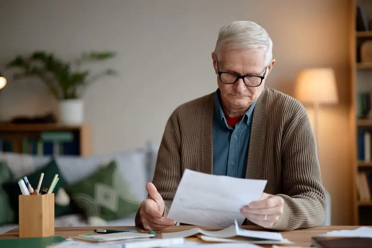 Senior doma kontroluje finanční dokumenty a přemýšlí.