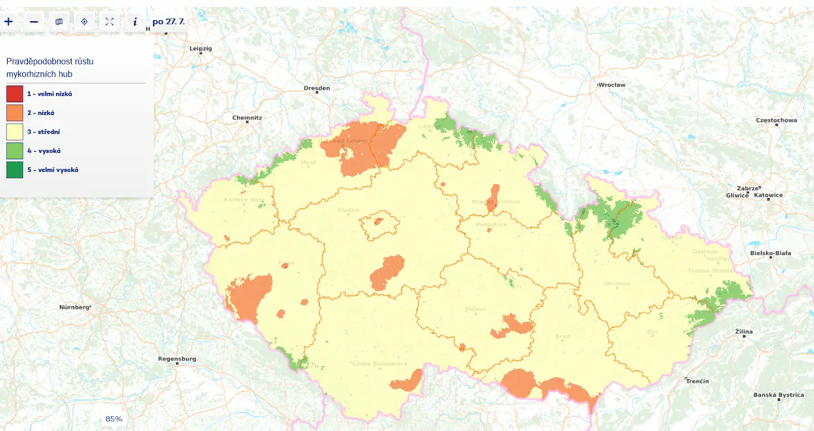 Mapa růstu hub k 27. 7. 2026