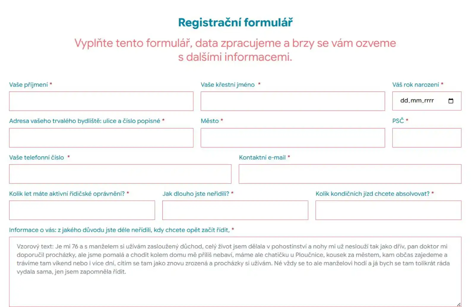 Formulář ze stránek Zpátky za volant