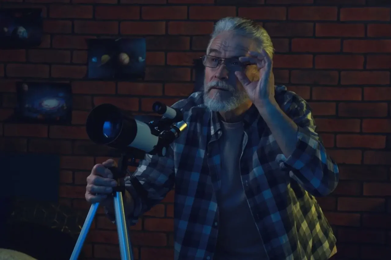 Senior pozoruje noční oblohu.